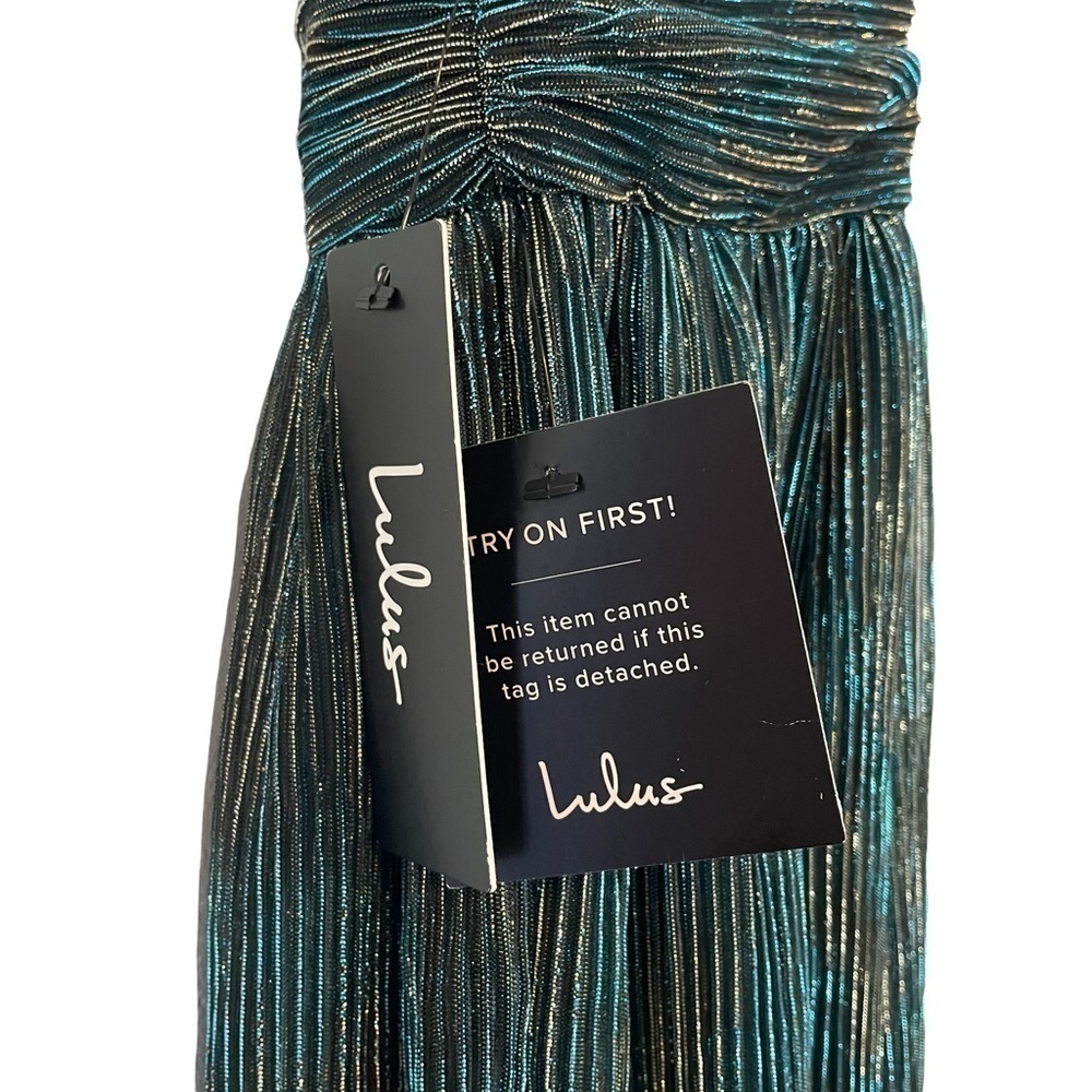 Lulu’s Ailey Gold and Teal Blue Skater Mini Dress w/ Metallic Gold Threading NWT - Picture 7 of 14